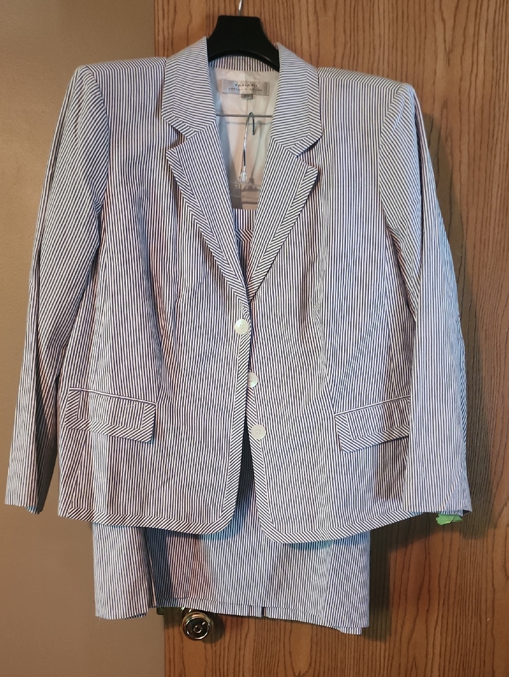 Tahari White & Blue Pinstripe Blazer and Skirt Set